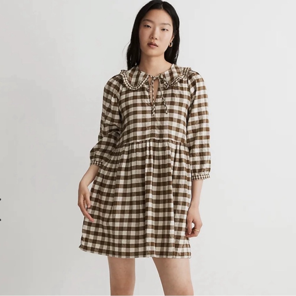 NWT Madewell Gingham Collared Puff-Sleeve Mini Dress - Size Medium